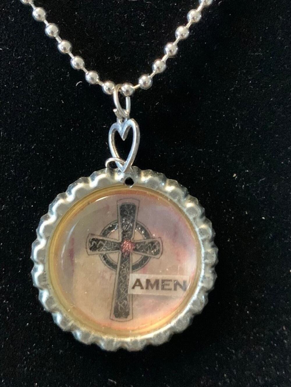 Amen Bottle Cap Necklace Heart Charm Toggle Clasp Vintage Style Pendant